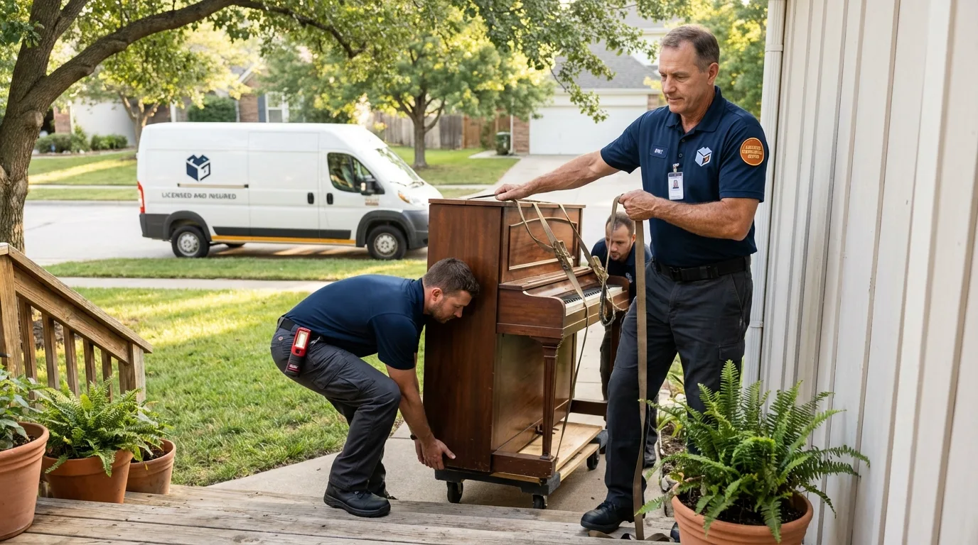 Licensed piano movers securing grand piano in Arcadia, LA