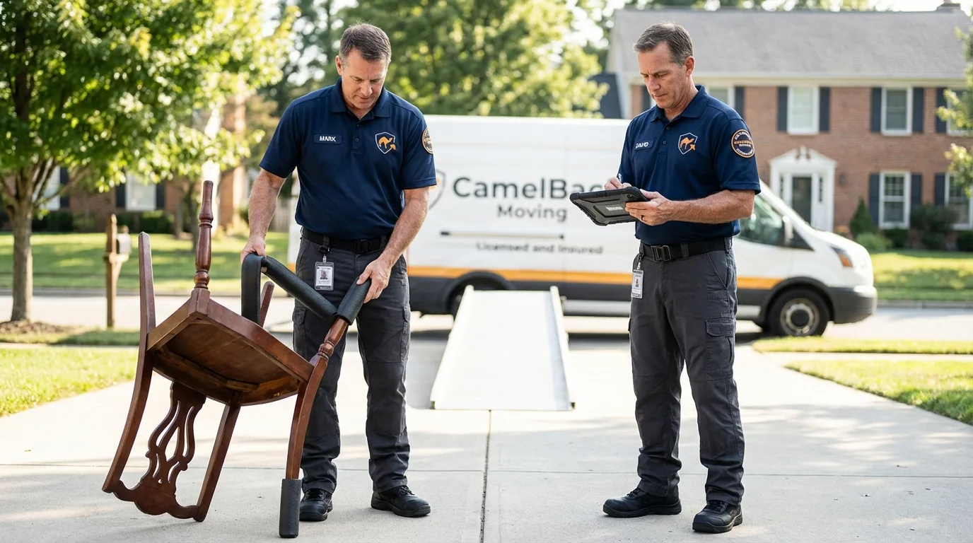 Movers inspecting furniture for damage prevention before loading in Arcadia, LA