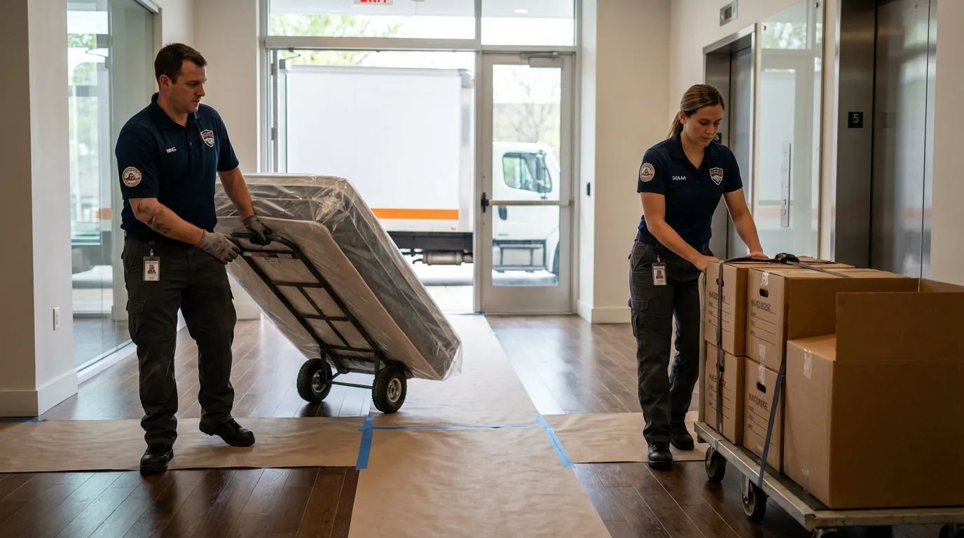 Professional apartment movers loading elevator in Arcadia, LA